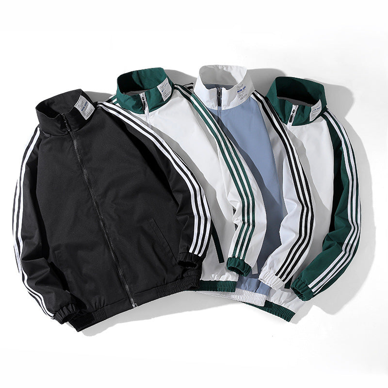 Blue Varsity Jacket Spring and Autumn Men's Jacket Striped Jacket Three Bars Clip Jacket Baseball Uniform