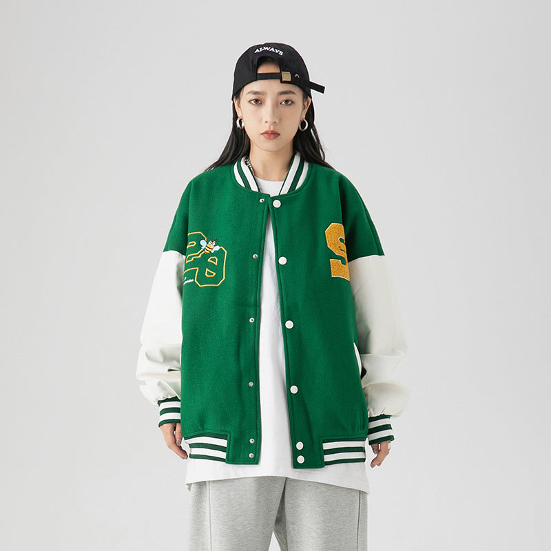Green Varsity Jacket Vintage Coat Men's Stitching Contrast Color Loose Embroidered Baseball Jacket Men's Baseball Uniform