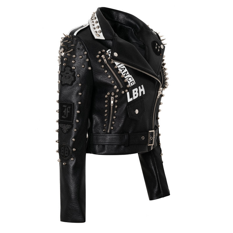 Women Leather Jacket Biker Motorcycle Coat Motorcycle Leather Coat Fashion Graffiti Rivet Jacket Coat