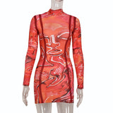 Homecoming Dresses Tight Autumn and Winter Printing See-through Stand-up Collar Long Sleeve Mid-Waist Stitching Hip Sexy Dress