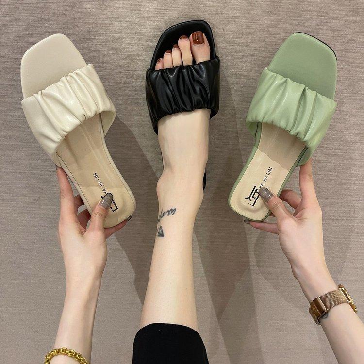 Women Open Toe Sandals Flats Summer Slippers Flat Heel Pleated Word Fashion Outdoor Slippers