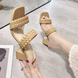 Nude Strappy Block Heels Roman Style Slippers Women's Bohemian Ethnic Style Large Size Thick Heel Women's Shoes