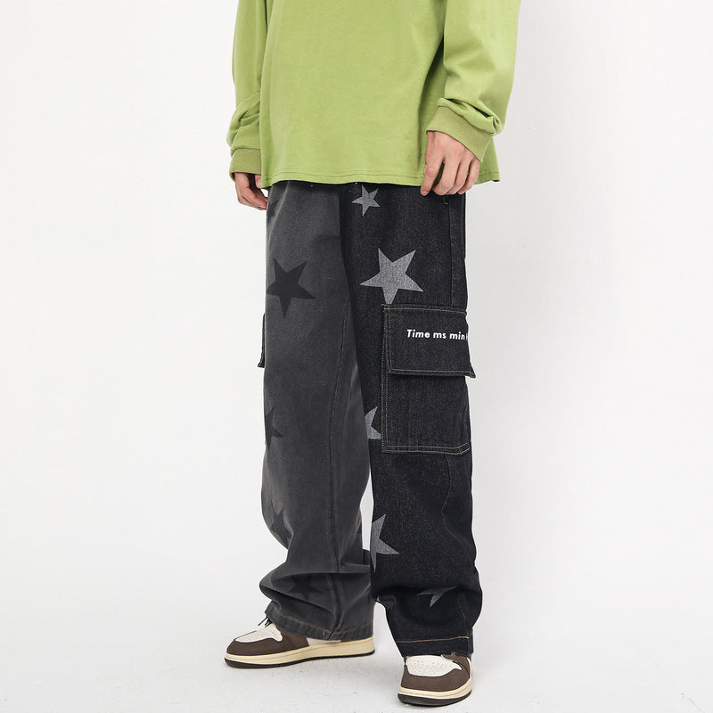 Mens Fall Outfits Five-Pointed Star Multicolor Printing Washed Jeans Straight Wide-Leg Pants