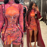 Homecoming Dresses Tight Autumn and Winter Printing See-through Stand-up Collar Long Sleeve Mid-Waist Stitching Hip Sexy Dress