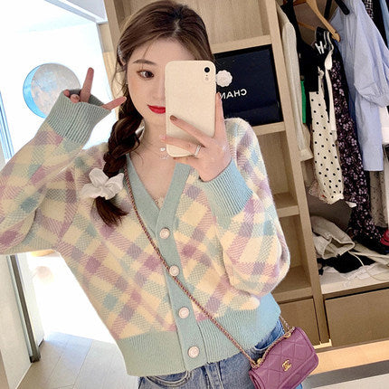 Preppy Aesthetic Sweater Knitted Cardigan Coat for Women Autumn V-neck