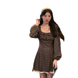 Aesthetic Dress French Style Retro Puff Sleeve Plaid Dress Lace Dress