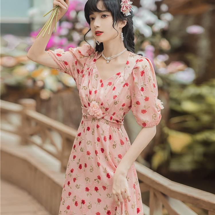 Women Cottagecore Dress Gentle Sweet Pink Rose Dress Summer Tea French Style Retro First Love Floral Skirt Fresh