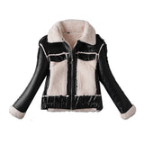 Cute Leather Jacket Motorcycle Jacket Women's Autumn Winter Berber Fleece Short Loose Pu Washed Leather Coat