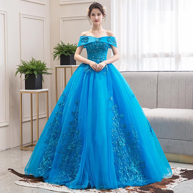 Women's Evening Dress Ball Gown Princess Quinceanera Wedding Dresses Lake Blue Off-Shoulder Evening Gown Pettiskirt