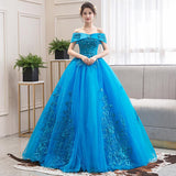 Women's Evening Dress Ball Gown Princess Quinceanera Wedding Dresses Lake Blue Off-Shoulder Evening Gown Pettiskirt