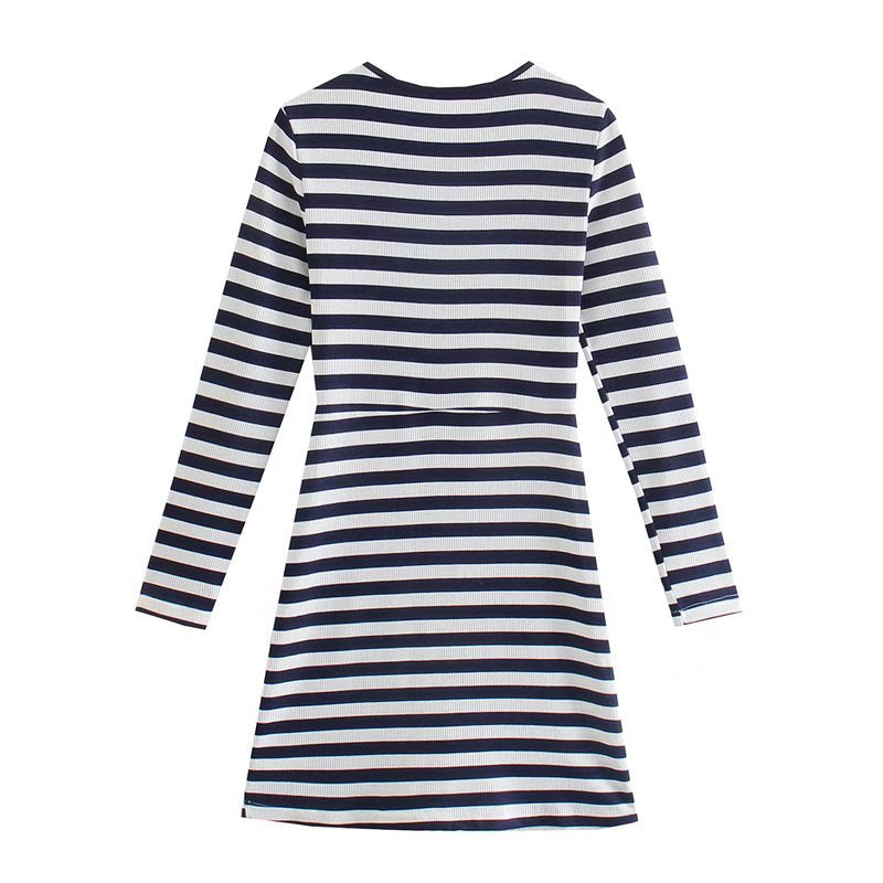 Women Fall Fall Striped Knitted Dress Slim-Fit Contrast Colors Short Skirt