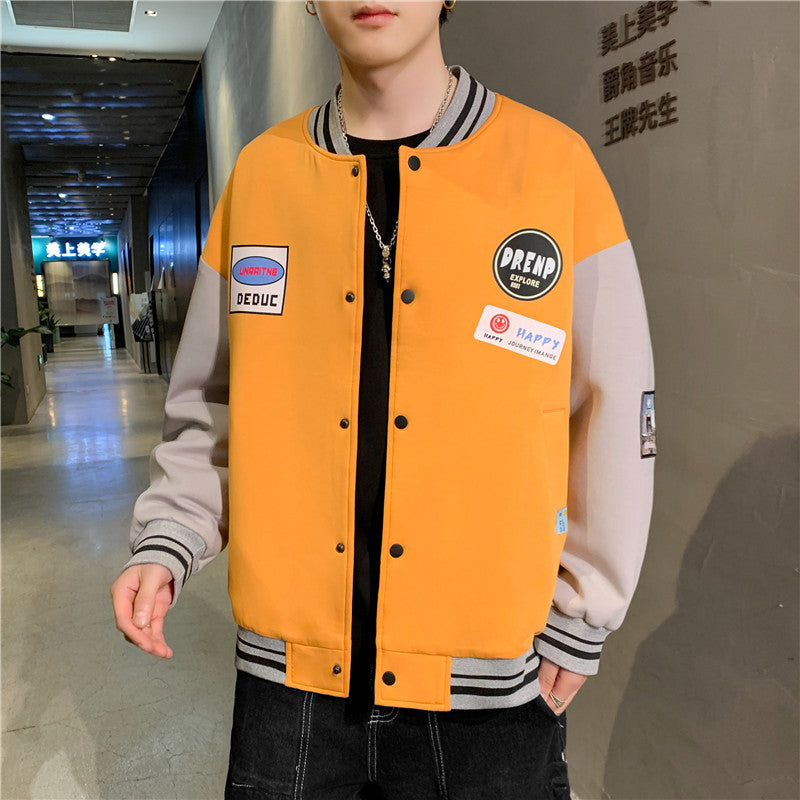 Yellow Varsity Jacket Color Matching Badge Sports Baseball Uniform Breasted Coat Sweatshirt Men's Spring and Autumn