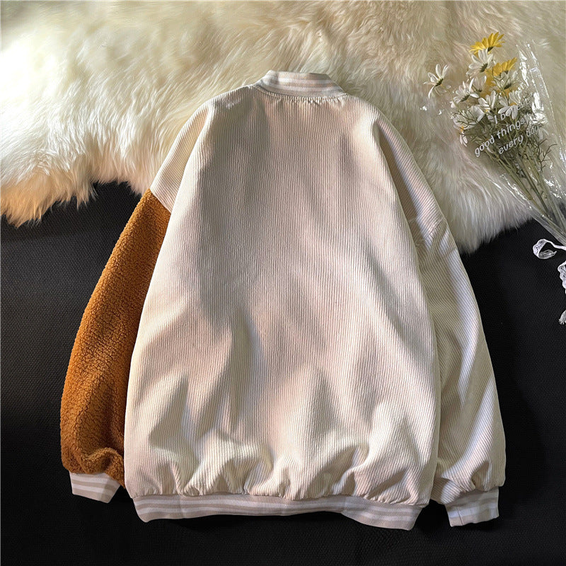 Cream Color Varsity Jacket Oversize Corduroy Baseball Uniform Coat