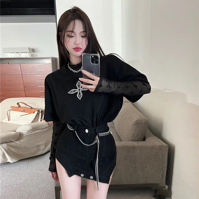 Women Rave Outfits Tops Spring and Summer Printed Short Long Sleeve Women's Loose T-shirt Women