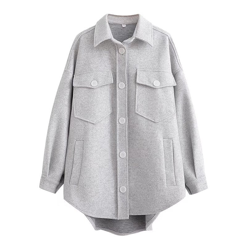 Women Fall Fall Woolen Loose Shirt Coat Single-Breasted Mid-Length Top