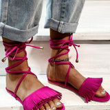 Women Open Toe Sandals Flats Summer Cross Strap Tassel Large Size Flat Bottom Sandals