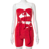 Stitching Solid Color Sleeveless Backless Lace-up Tied Slim Fit Shorts Jumpsuit