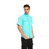 Men Habit Shirts Blue Pocket Decorative Lapel Casual Short Sleeve Solid Color