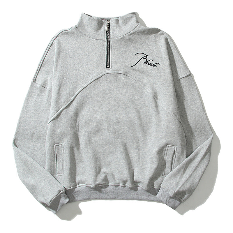 Rhude Hoodie Autumn Winter Retro Stand Collar Half Zip Logo Embroidery Stitching Polo Casual Sweatshirt