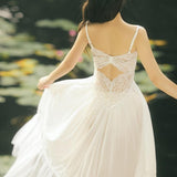 Women Retro Cottagecore Vintage Dress White Dress Lace V-neck Sleeveless Strap Maxi Dress