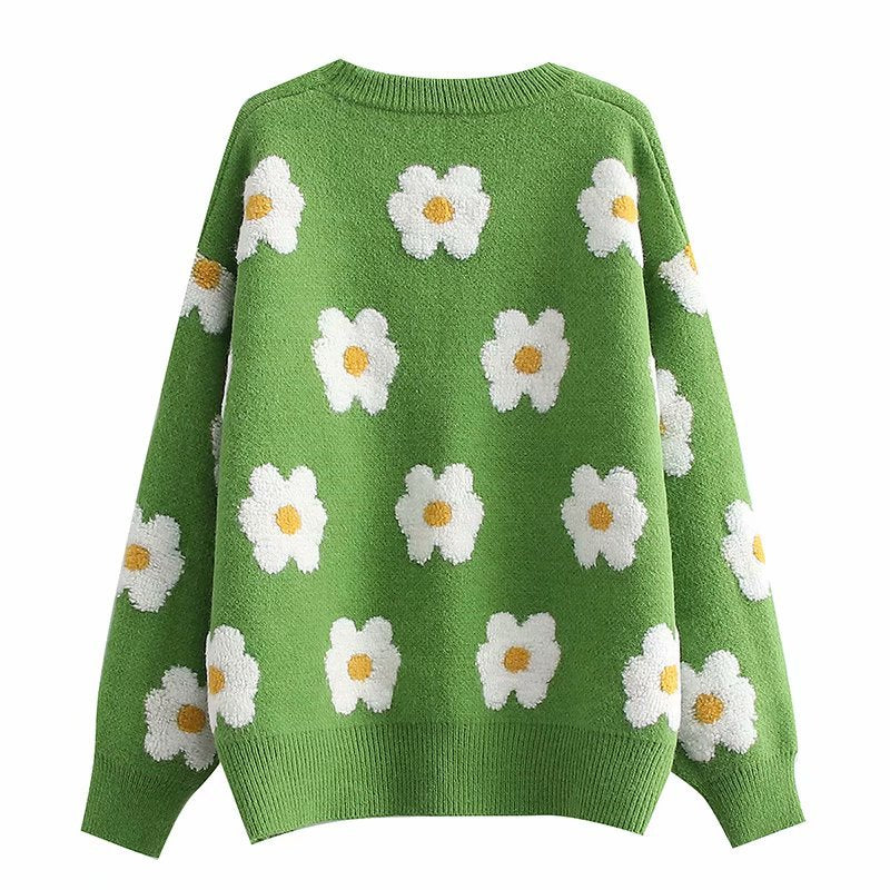 Women Fall Outfits Autumn and Winter Thickening Daisy Jacquard Loose Pullover Sweater