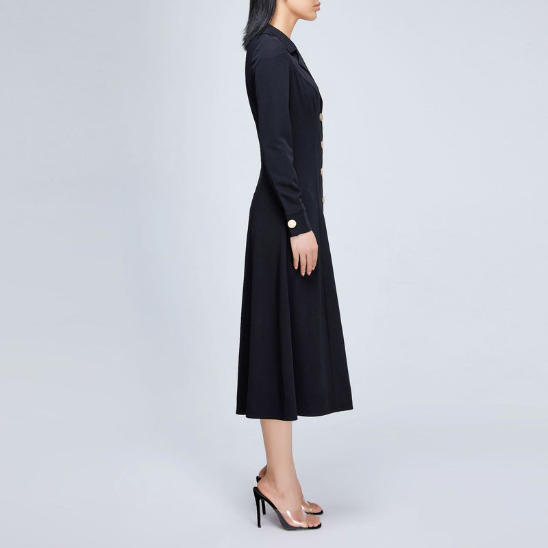 Women Spring Dress French Cardigan High Waist Midi Skirt Long Sleeve Solid Color Buttons Slim Dress