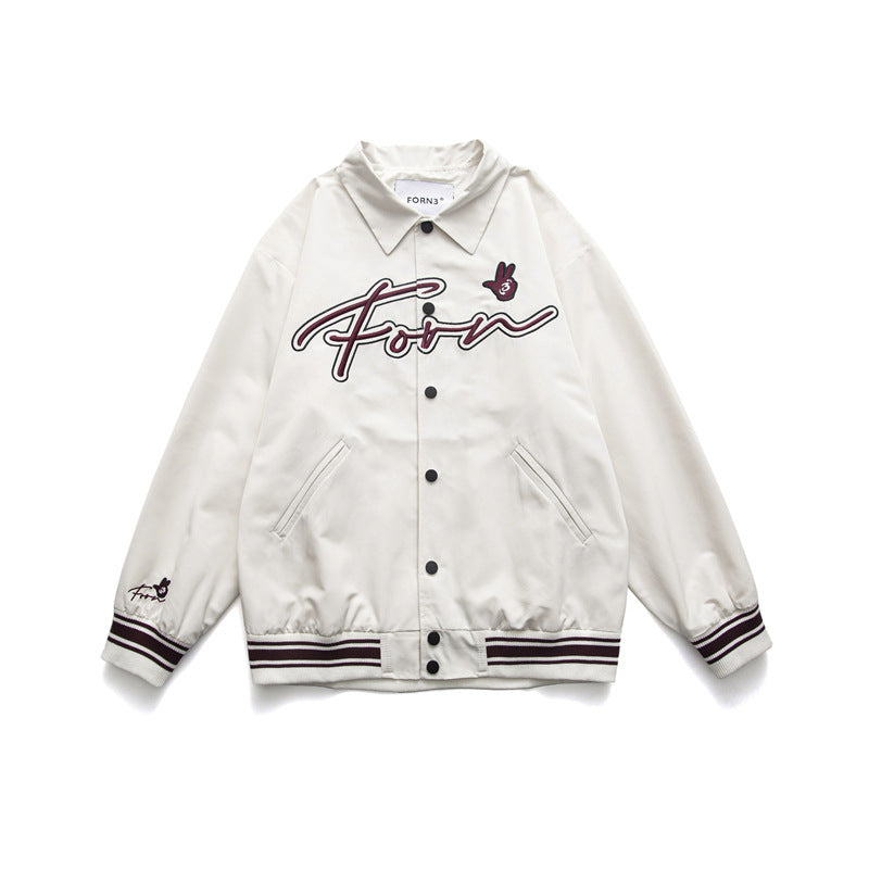 Beige Varsity Jacket Unisex Style Letter Embroidery Baseball Jacket Men's Coat