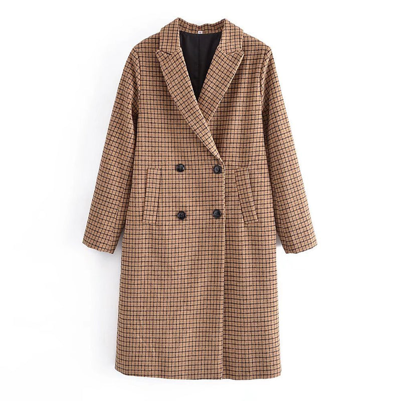 Women Fall Fall/Winter Brown Plaid Woolen Coat Double Breasted Long Shirt