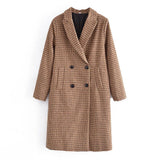 Women Fall Fall/Winter Brown Plaid Woolen Coat Double Breasted Long Shirt