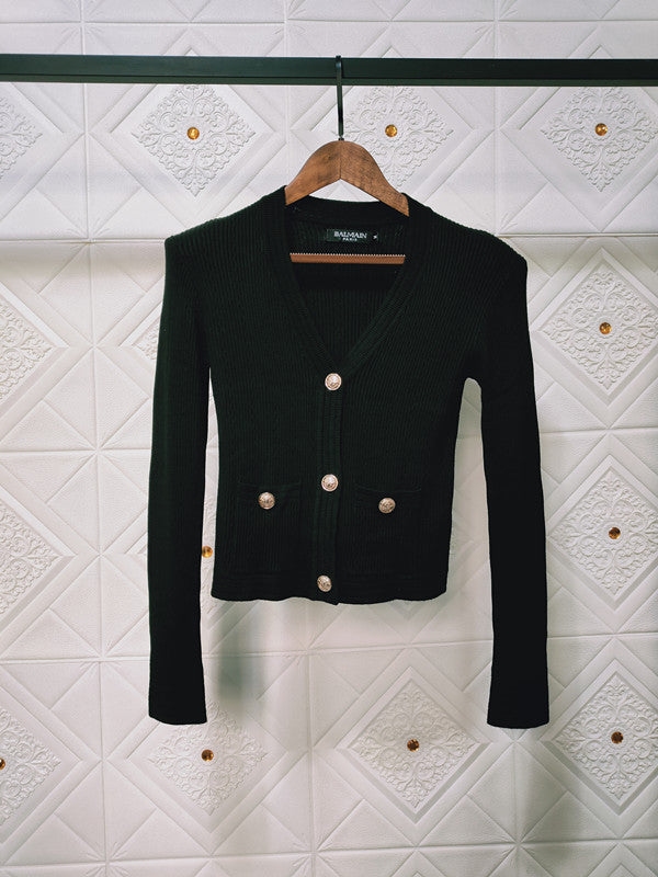 T Shirt Balmain Spring/Summer Knitted Padded Shoulder Coat V-neck Sweater
