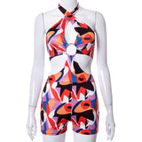 Spring Sleeveless Backless Sexy Bikini Printed Shorts Jumpsuit