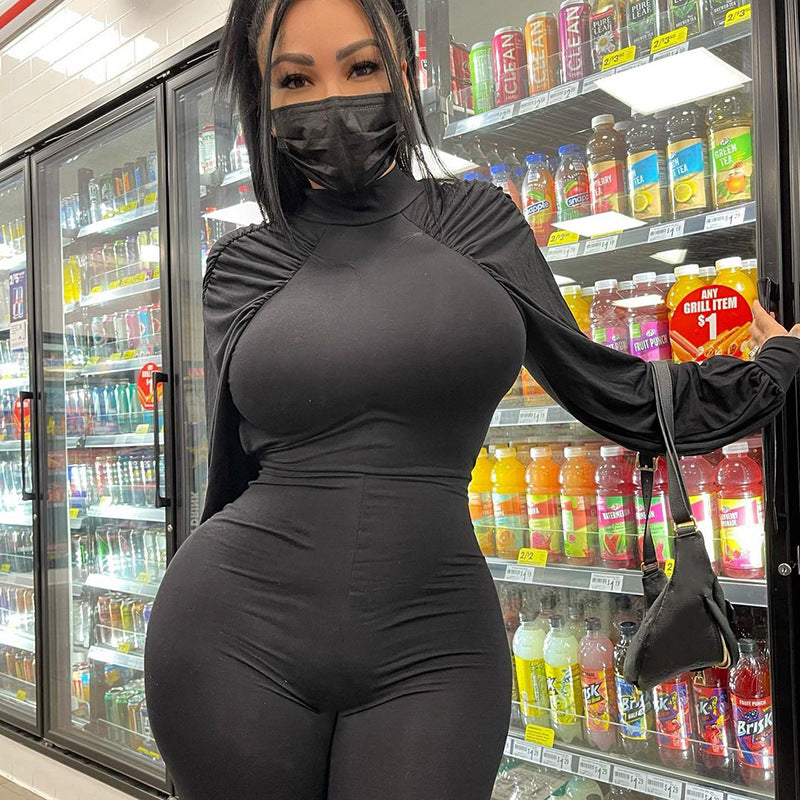 Autumn Solid Color round Stand Collar Long Sleeve Sexy Tight Trousers Jumpsuit