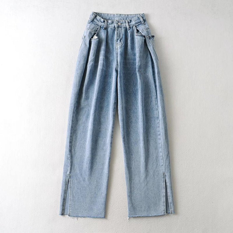 Women Fall Fall High Waist Jeans Hem Slit Wide Leg Trousers