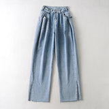 Women Fall Fall High Waist Jeans Hem Slit Wide Leg Trousers