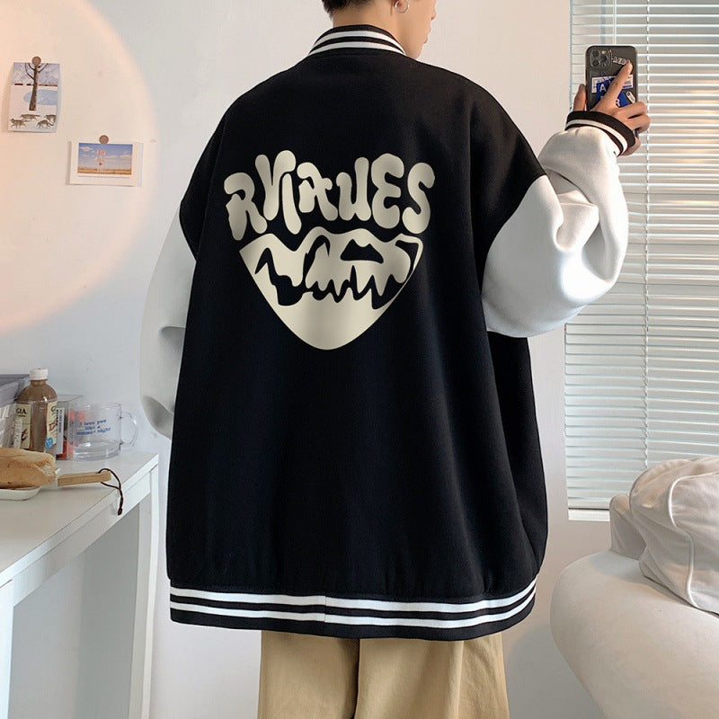 Blue Varsity Jacket Fall Winter Men Autumn Printed Baggy Casual Jacket Couple Baseball Uniform Coat