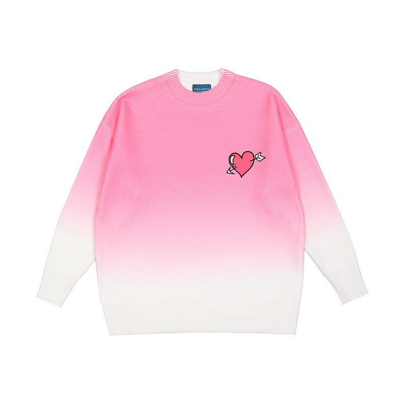 Mens Fall Outfits Gradient Heart Printing round Neck Pullover Knitted Sweater Men and Women