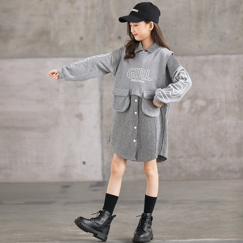 Houndstooth Suit Skirt Fashion Two-Piece Suit Spring and Autumn Children's Suit Clothes Children Girl's Spring Clothes