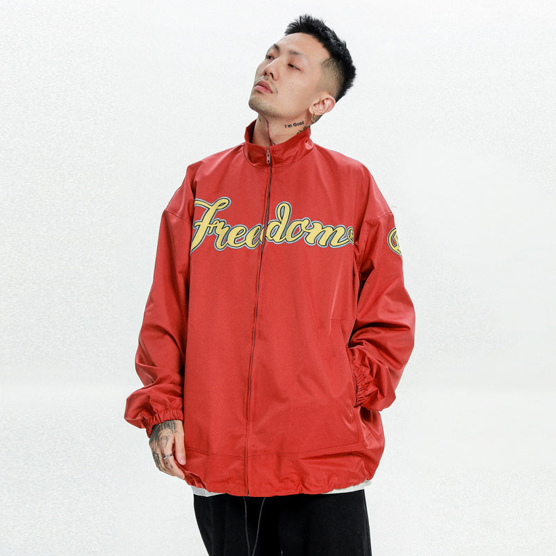Orange Varsity Jacket Spring and Autumn Flocking Letter Embroidered Trench Coat Men's Loose Lapel Jacket