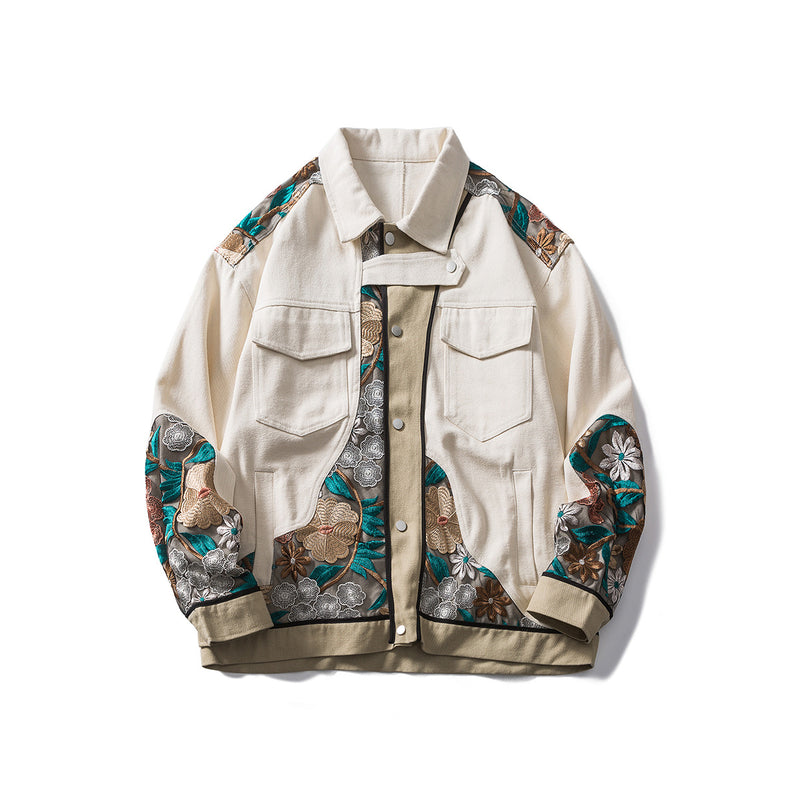 Vintage Letterman Jacket Spring Canvas Stitching Lace Flower Jacket