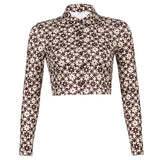 90S Outfits Vintage Floral Lapel Cardigan Top Women's Long-Sleeved Cropped Shirt