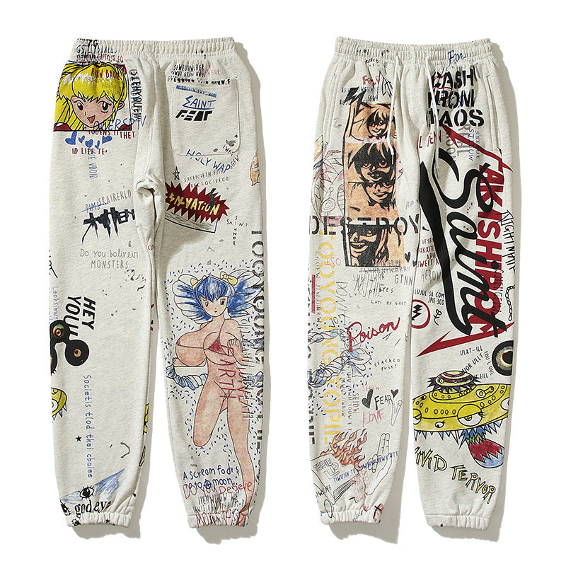 Kanye West Sunday Service Pant Cartoon Doodle Hand Drawn Retro Loose Terry Trousers