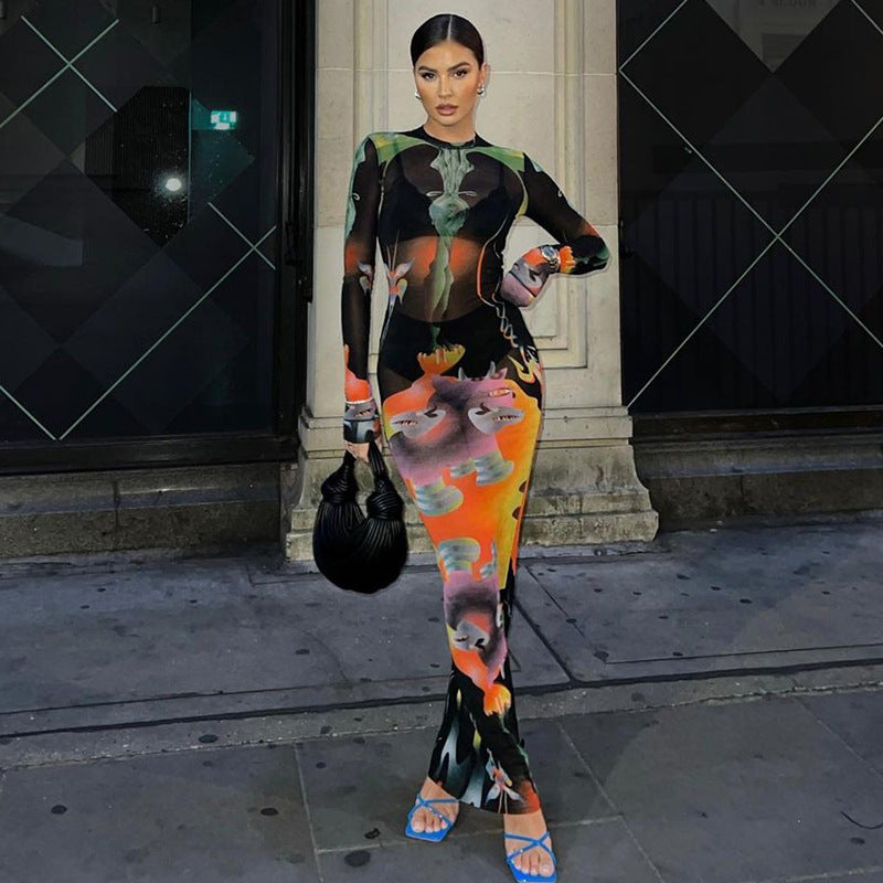 Nina Parker Graffiti Dress Slim-Fit Long Sleeve Temperament Long Dress