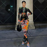 Nina Parker Graffiti Dress Slim-Fit Long Sleeve Temperament Long Dress