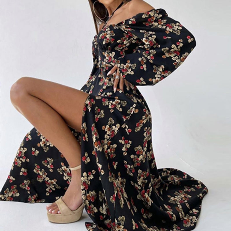 Emery Rose Dresses Long Sleeve Printed Halter Dress Puff Sleeve Split Dress