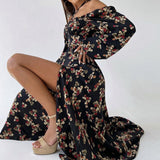 Emery Rose Dresses Long Sleeve Printed Halter Dress Puff Sleeve Split Dress