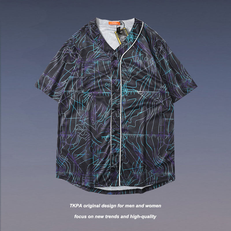 Baggy Baseball Jersey V-neck Vintage Baseball Jacket Men's and Women's Short-Sleeved T-shirt