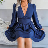 Winter Formal Dresses Autumn Winter Sexy V-neck Tight Waist Chiffon Pleated Dress