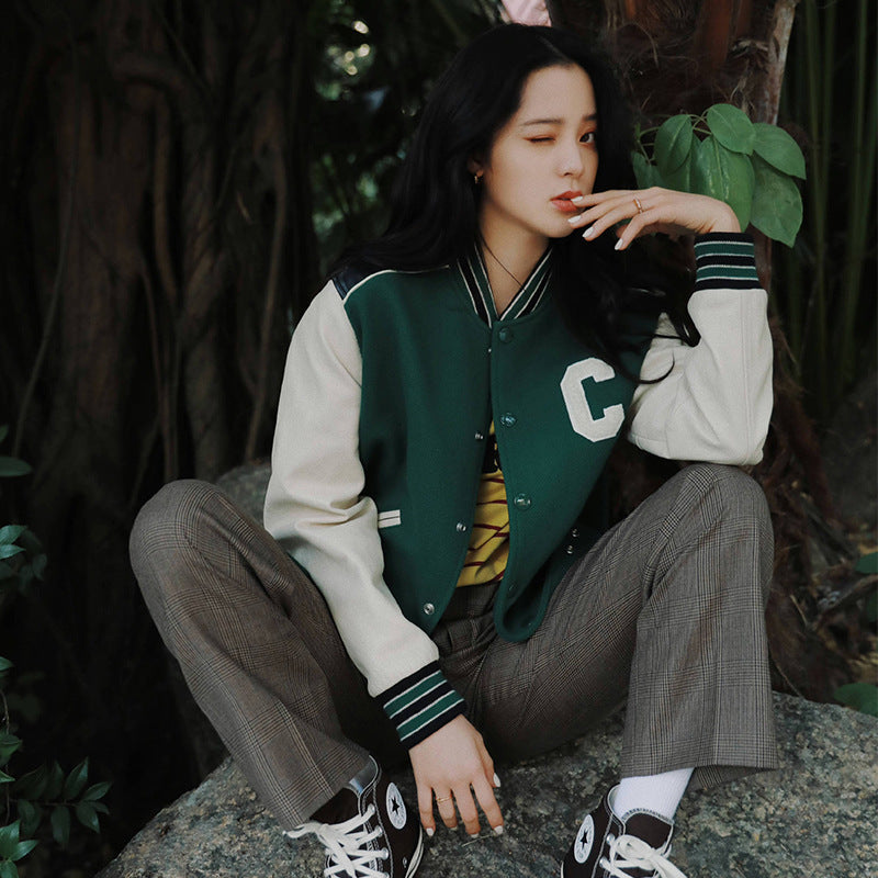 Green Varsity Jacket Autumn and Winter Baseball Uniform Short Jacket Couple Jacket