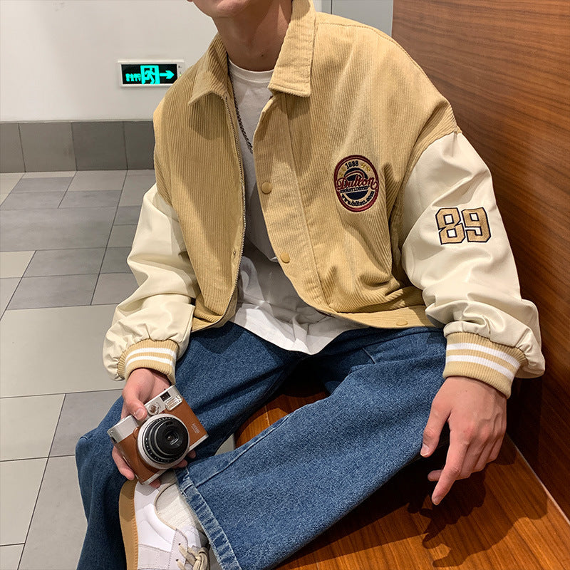 Corduroy Varsity Jacket Men's Corduroy Thick Loose All-Match Motorcycle Jacket Casual Jacket