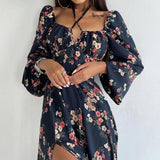 Emery Rose Dresses Long Sleeve Printed Halter Dress Puff Sleeve Split Dress